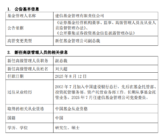 建信基金高层再调整：托管老将刘大超升任副总经理_建信基金高层再调整：托管老将刘大超升任副总经理_
