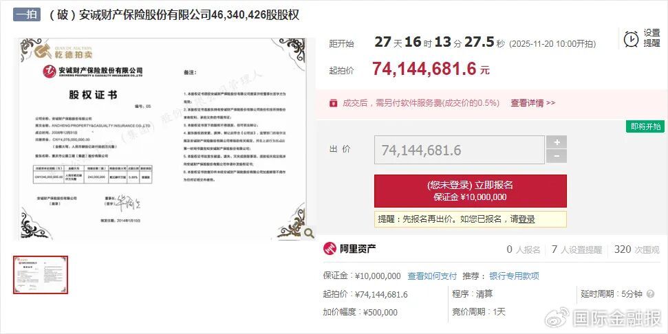 2.9亿元起拍！安诚财险1.82亿股再上拍卖台