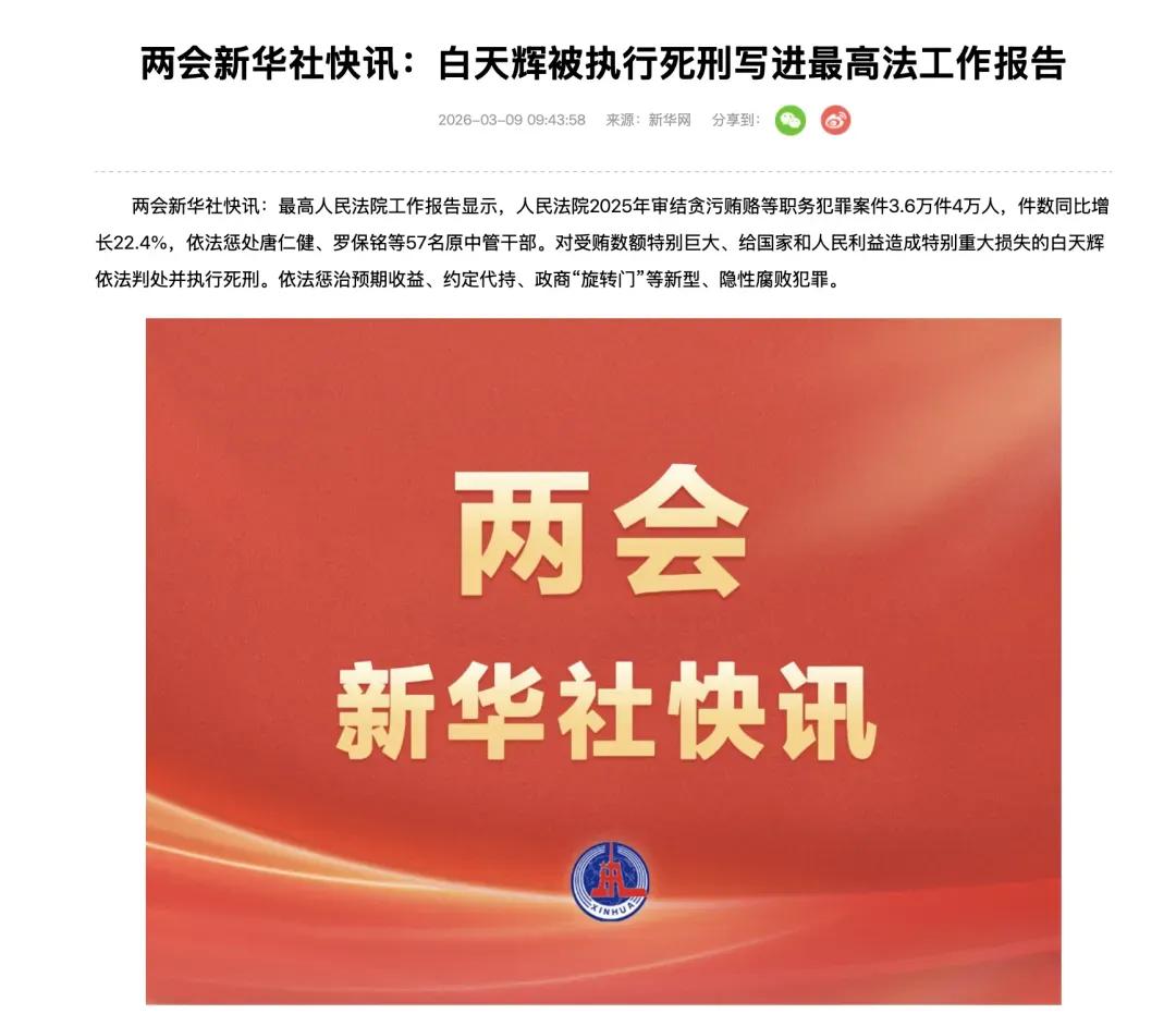 唐仁健、罗保铭，被点名！白天辉被执行死刑，写入最高法工作报告